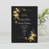 Gold-Rose-Blume auf Schwarz Einladung (Stehend Vorderseite)