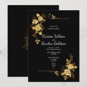 Gold-Rose-Blume auf Schwarz Einladung (Vorne/Hinten)
