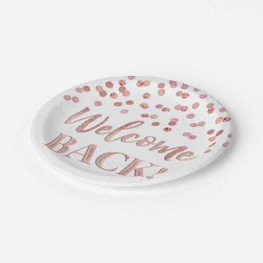 Gold Rose Confetti Begrüßung Back Paper Teller (Schrägansicht)