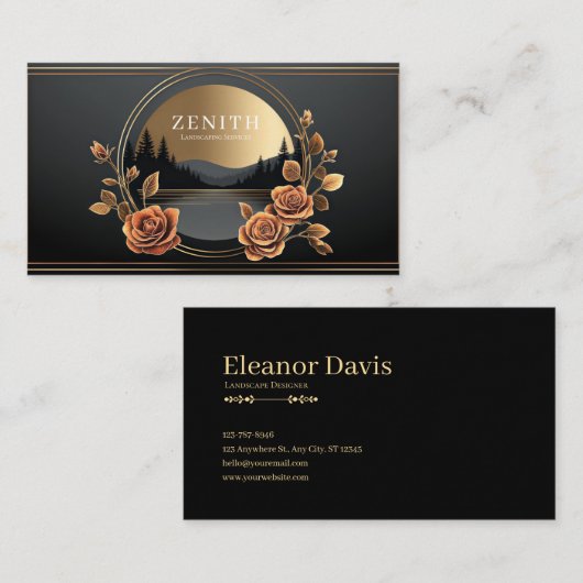 Gold Rose Floral and Midnight Mountain Scene Visitenkarte (Vorne/Hinten)