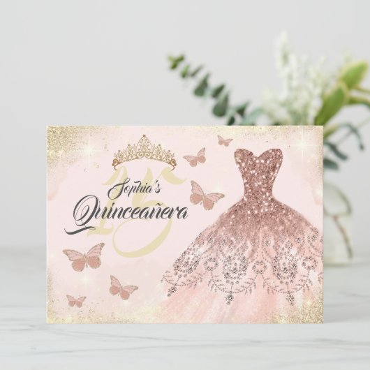 Gold Rose Gold Quinceanera Butterfly Kleid Einladung (Stehend Vorderseite)
