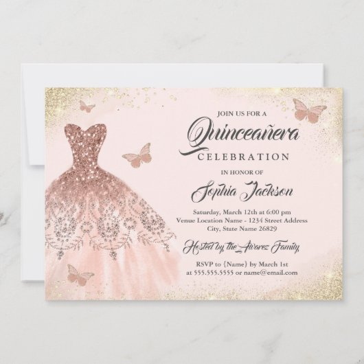 Gold Rose Gold Quinceanera Butterfly Kleid Einladung (Rückseite)
