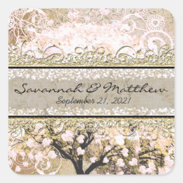 Gold Rose Heart Leaf Tree Square Wedding Siegel Quadratischer Aufkleber