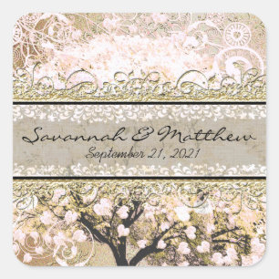 Gold Rose Heart Leaf Tree Square Wedding Siegel Quadratischer Aufkleber
