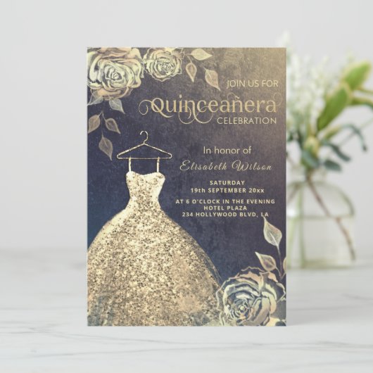 Gold Rose modische Goldsequins kleiden Quinceañera Einladung (Stehend Vorderseite)