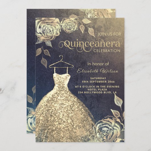 Gold Rose modische Goldsequins kleiden Quinceañera Einladung (Vorne/Hinten)