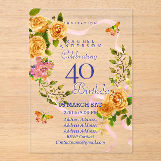 Gold Rose Ribbon 40th Birthday Invitation Acryleinladungen