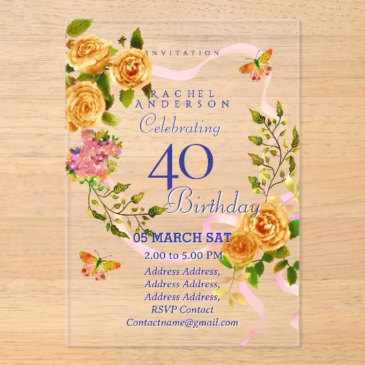 Gold Rose Ribbon 40th Birthday Invitation Acryleinladungen (Vorderseite)