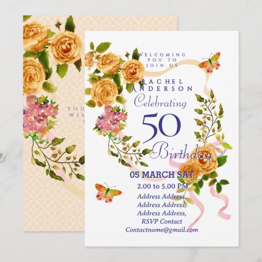 Gold Rose Ribbon 50th  Birthday Invitation Einladung (Vorne/Hinten)