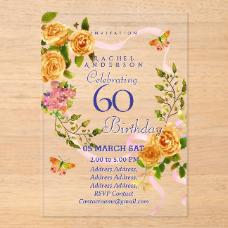Gold Rose Ribbon 60th Birthday Invitation Acryleinladungen
