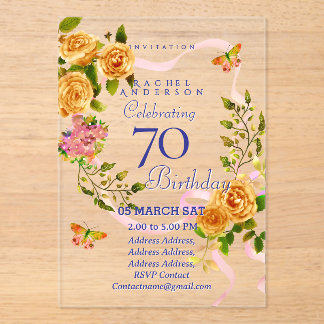 Gold Rose Ribbon 70th Birthday Invitation Acryleinladungen