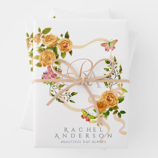 Gold Rose Ribbon Chic Monogram White Geschenkpapier Set (Beispiel)