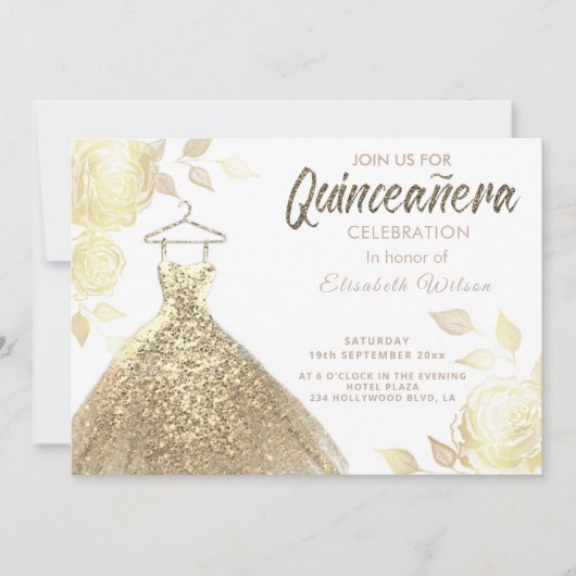 Gold Rose Sequenzen Goldkleid Quinceañera Invitat Einladung (Vorderseite)