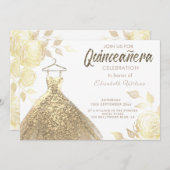 Gold Rose Sequenzen Goldkleid Quinceañera Invitat Einladung (Vorne/Hinten)