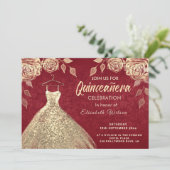 Gold Rose sequenzieren Goldkleid Quinceañera Rot Einladung (Stehend Vorderseite)