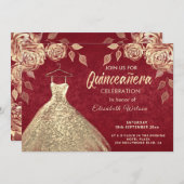 Gold Rose sequenzieren Goldkleid Quinceañera Rot Einladung (Vorne/Hinten)