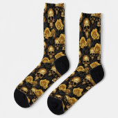 Gold Rose Skull Pattern auf Schwarz Socken (Linkes Detail)