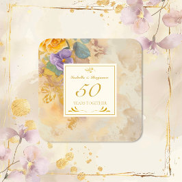 Gold Rose Violets 50. Hochzeitstag Quadratischer Aufkleber