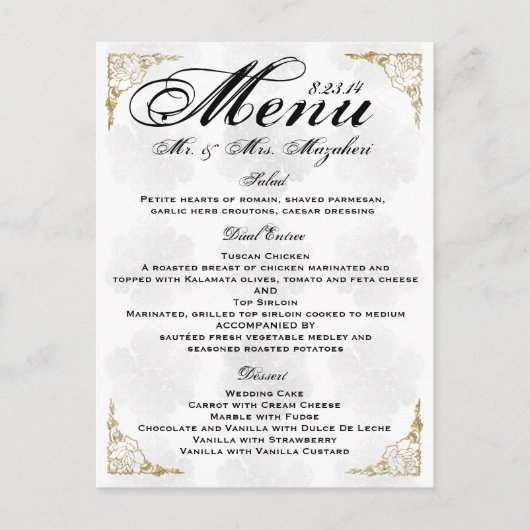 Gold Rose Wedding Dinner Menu Thank you Note Postkarte (Vorderseite)
