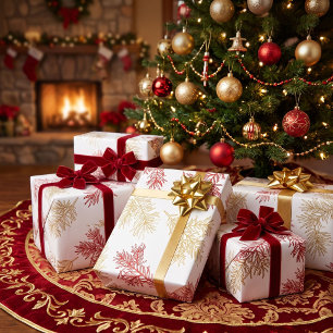 Gold Rot Moderne Elegante Botanische Weihnachten Geschenkpapier
