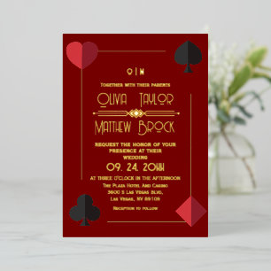 Gold-Rot-Monogramm-Spielkarten-Hochzeitseinladung Folieneinladung