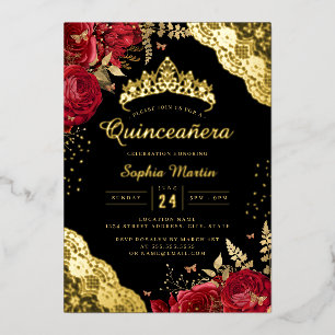 Gold Rot Schwarz Florales Spitze Quinceanera Folieneinladung