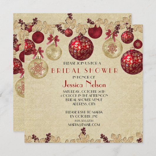 Gold/Rot Winter Holiday Ornaments Brautparty Einladung (Vorne/Hinten)
