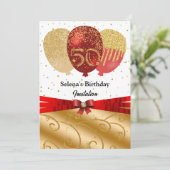 Gold, Rote Balkone & Seidenband 50. Geburtstag Einladung (Stehend Vorderseite)