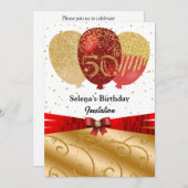 Gold, Rote Balkone & Seidenband 50. Geburtstag Einladung (Vorne/Hinten)