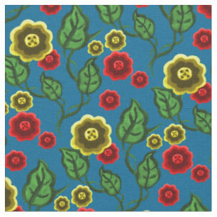 Gold/rote Blume/grüne Blätter/Folkblüte/Blau Stoff