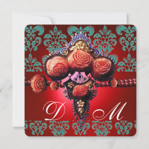 GOLD ROTE CORAL ROSE, BLUE BLACK DAMASK MONOGRAMM EINLADUNG
