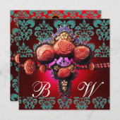 GOLD ROTE CORAL ROSE, BLUE BLACK DAMASK MONOGRAMM EINLADUNG (Vorne/Hinten)