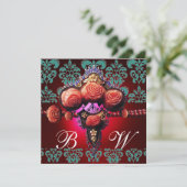 GOLD ROTE CORAL ROSE, BLUE BLACK DAMASK MONOGRAMM EINLADUNG (Stehend Vorderseite)