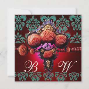 GOLD ROTE CORAL ROSE, BLUE BLACK DAMASK MONOGRAMM EINLADUNG