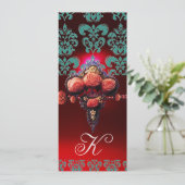 GOLD ROTE CORAL-ROSE, BLUE BLACK DAMASK MONOGRAMM EINLADUNG (Stehend Vorderseite)