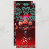 GOLD ROTE CORAL-ROSE, BLUE BLACK DAMASK MONOGRAMM EINLADUNG (Vorne/Hinten)