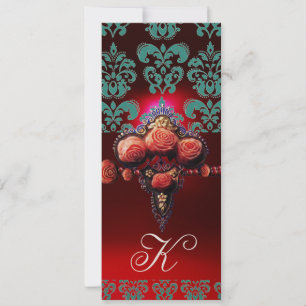 GOLD ROTE CORAL-ROSE, BLUE BLACK DAMASK MONOGRAMM EINLADUNG