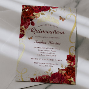 Gold-Rote Florale Butterfly Elegante Quinceanera  Folieneinladung