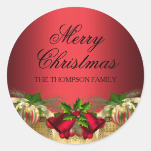 Gold Rote Glocken & Baubles Weihnachtsaufkleber Runder Aufkleber