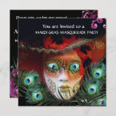 GOLD ROTE MASKE, PEACOCK FEATHERS MASQUERADE PARTY EINLADUNG (Vorne/Hinten)