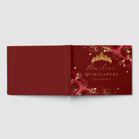 Gold Rote Rose Floral Swirl Quinceanera Gästebuch (Voll)