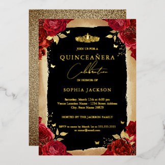 Gold Rote Rose Tiara Lace Quinceanera Geburtstag Folieneinladung