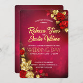 Gold Rote Rosen Floral Modern Boho Einladung (Vorne/Hinten)