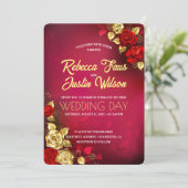 Gold Rote Rosen Floral Modern Boho Einladung (Stehend Vorderseite)