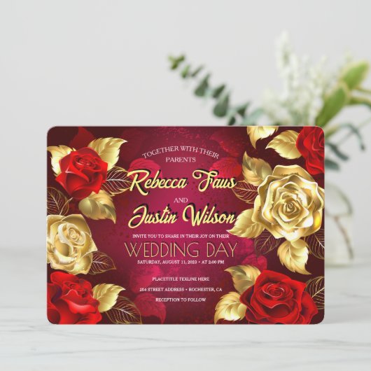 Gold Rote Rosen Floral Modern Boho Einladung (Stehend Vorderseite)