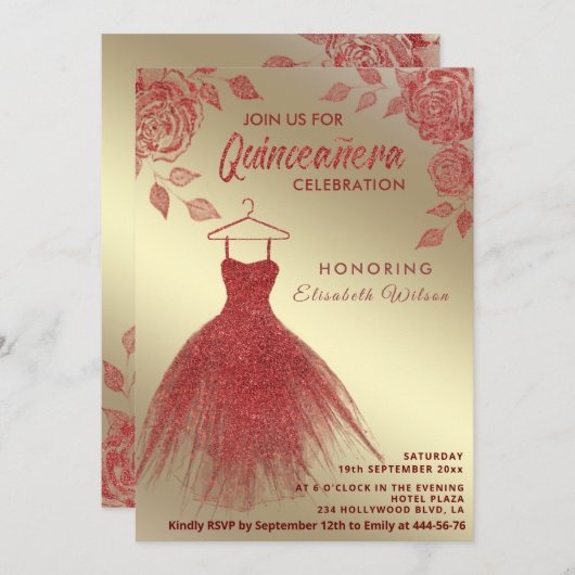 Gold Rote Rosen Rotes Glitzer Kleid Quinceañera Einladung (Vorne/Hinten)