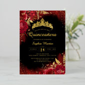 Gold Rote Schmetterling Floral Foto Quinceanera Folieneinladung (Stehend vorne)