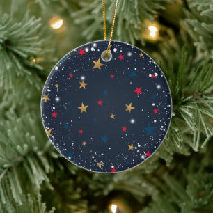 Gold, rote Sterne, Schneeflocken auf blau. festlic Keramik Ornament
