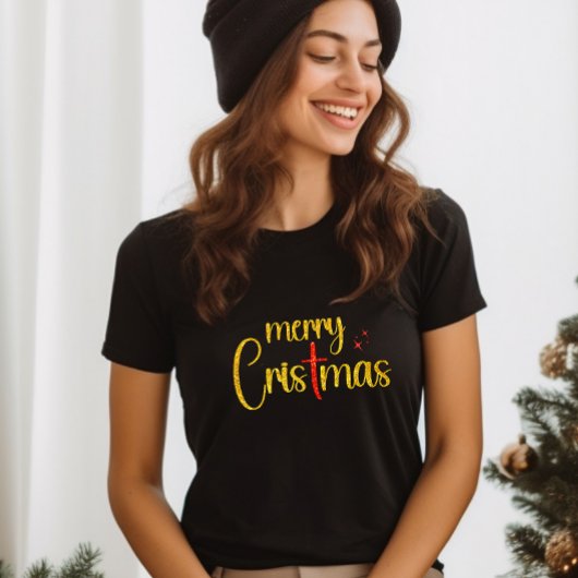 Gold Roter Glitzer Frohe Weihnachten Christliches  T-Shirt