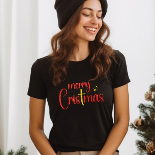 Gold Roter Glitzer Frohe Weihnachten Christliches T-Shirt